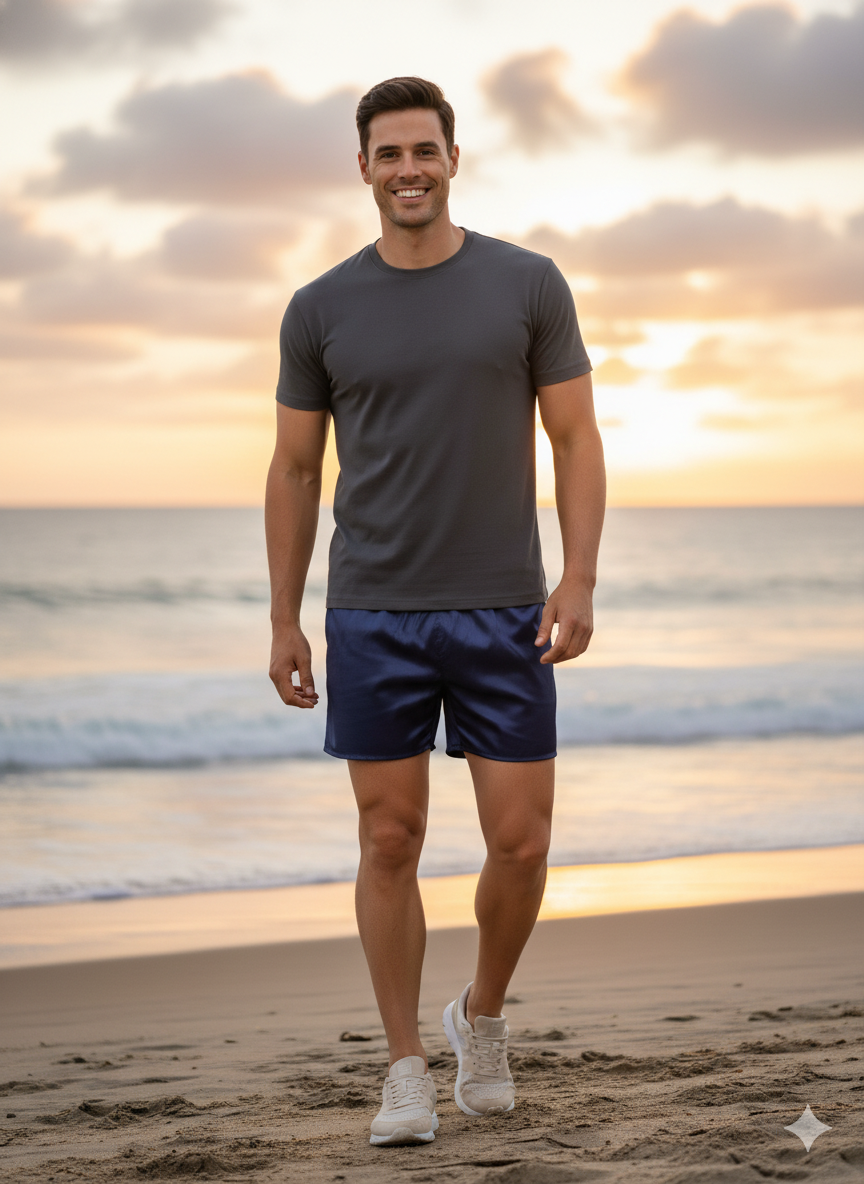 Oppland Erkek Saten Kumaş Şort Düz Renk Beli Lastikli Cepsiz Rahat Kesim Hafif Kumaş