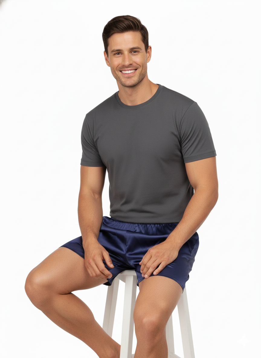 Oppland Erkek Saten Kumaş Şort Düz Renk Beli Lastikli Cepsiz Rahat Kesim Hafif Kumaş