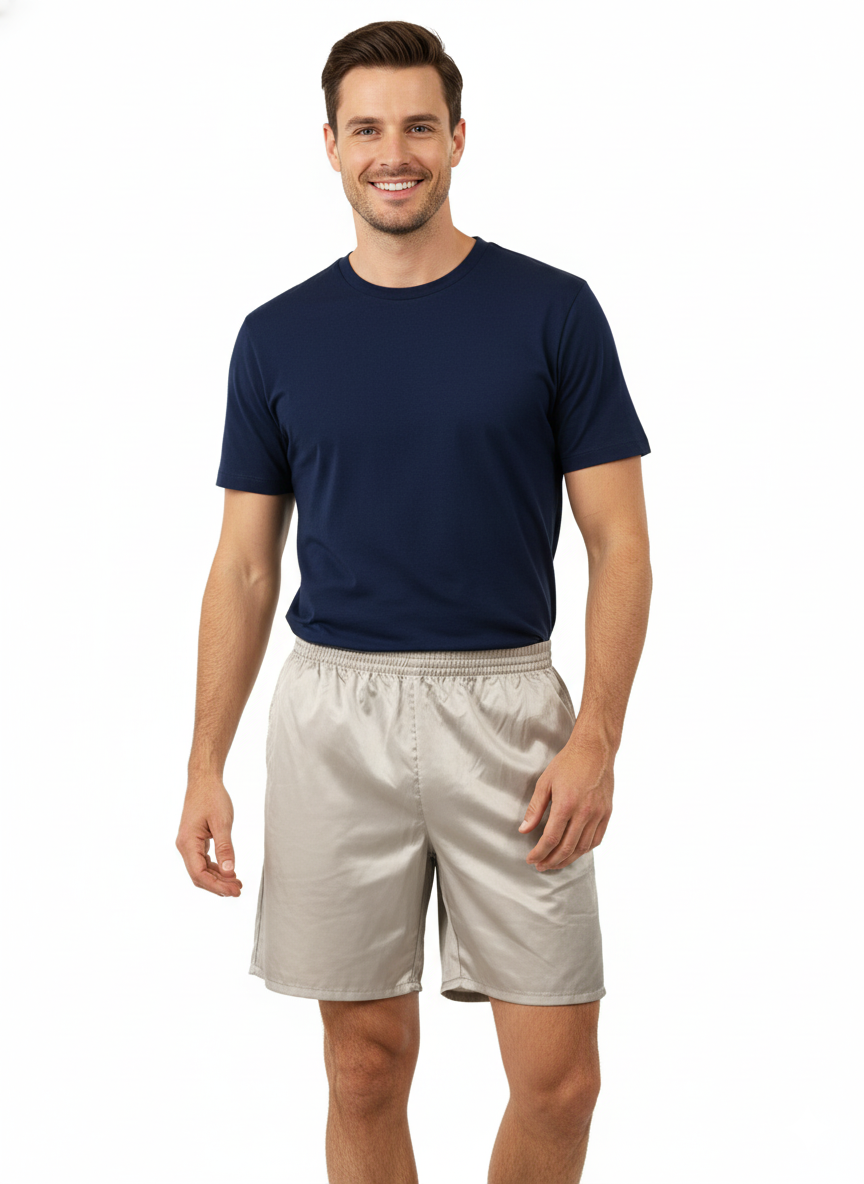 Oppland Erkek Saten Kumaş Şort Düz Renk Beli Lastikli Cepsiz Rahat Kesim Hafif Kumaş