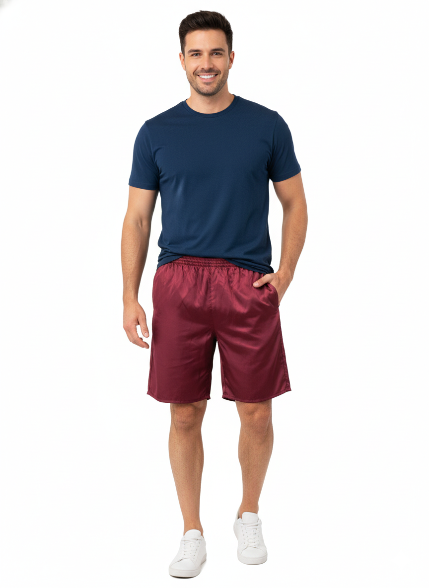 Oppland Erkek Saten Kumaş Şort Düz Renk Beli Lastikli Cepsiz Rahat Kesim Hafif Kumaş