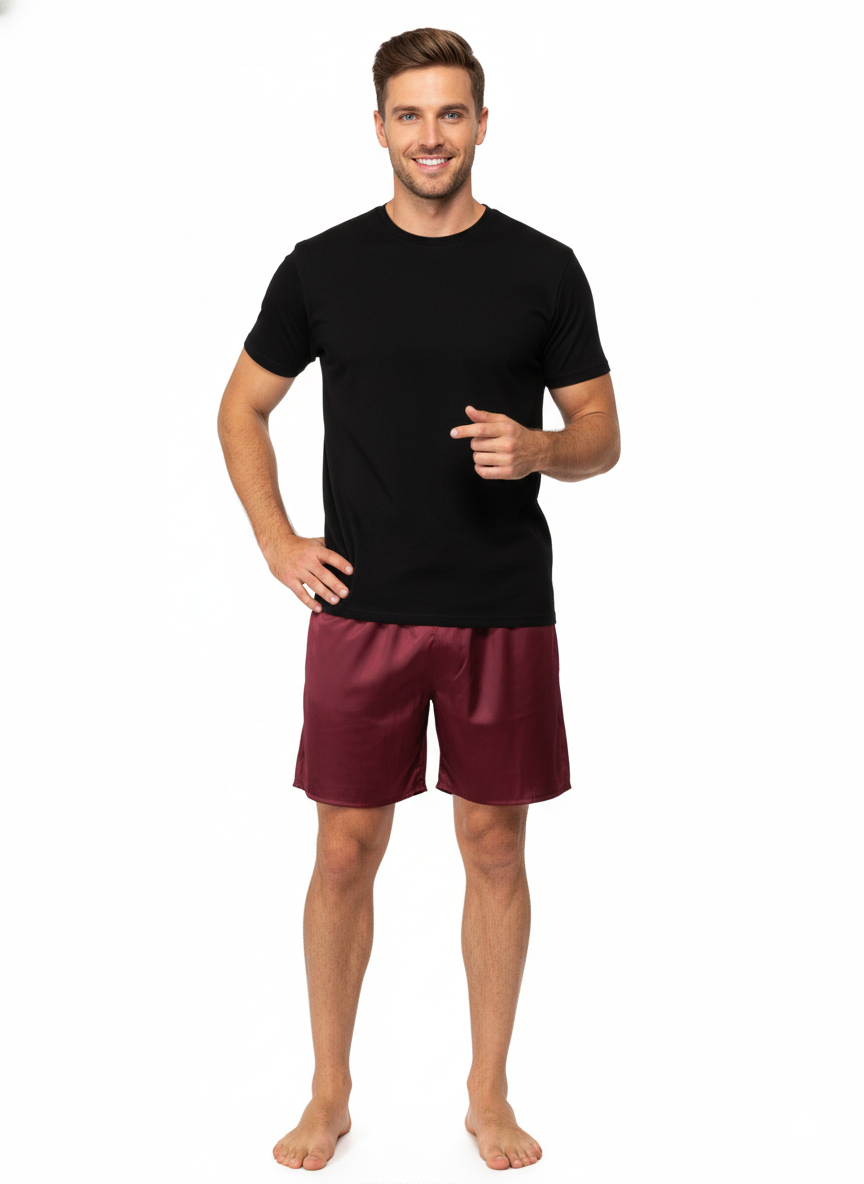 Oppland Erkek Saten Kumaş Şort Düz Renk Beli Lastikli Cepsiz Rahat Kesim Hafif Kumaş