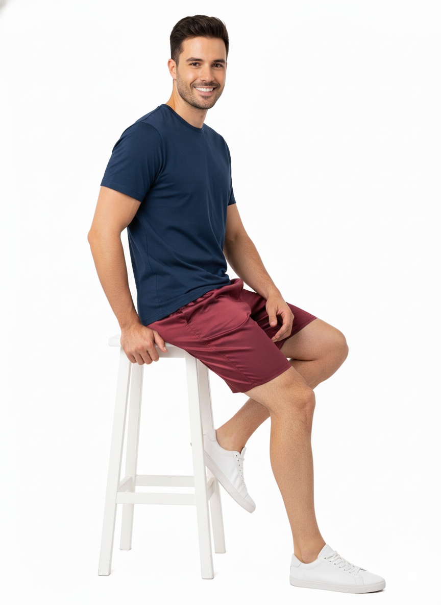 Oppland Erkek Saten Kumaş Şort Düz Renk Beli Lastikli Cepsiz Rahat Kesim Hafif Kumaş