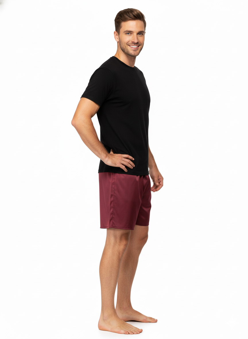 Oppland Erkek Saten Kumaş Şort Düz Renk Beli Lastikli Cepsiz Rahat Kesim Hafif Kumaş