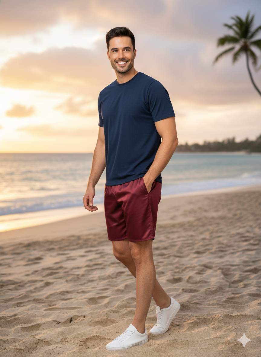 Oppland Erkek Saten Kumaş Şort Düz Renk Beli Lastikli Cepsiz Rahat Kesim Hafif Kumaş