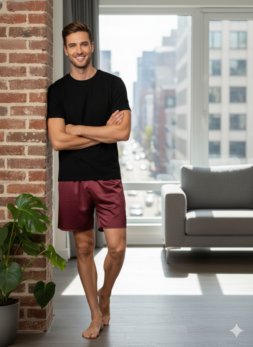 Oppland Erkek Saten Kumaş Şort Düz Renk Beli Lastikli Cepsiz Rahat Kesim Hafif Kumaş