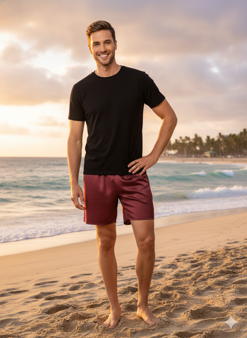 Oppland Erkek Saten Kumaş Şort Düz Renk Beli Lastikli Cepsiz Rahat Kesim Hafif Kumaş