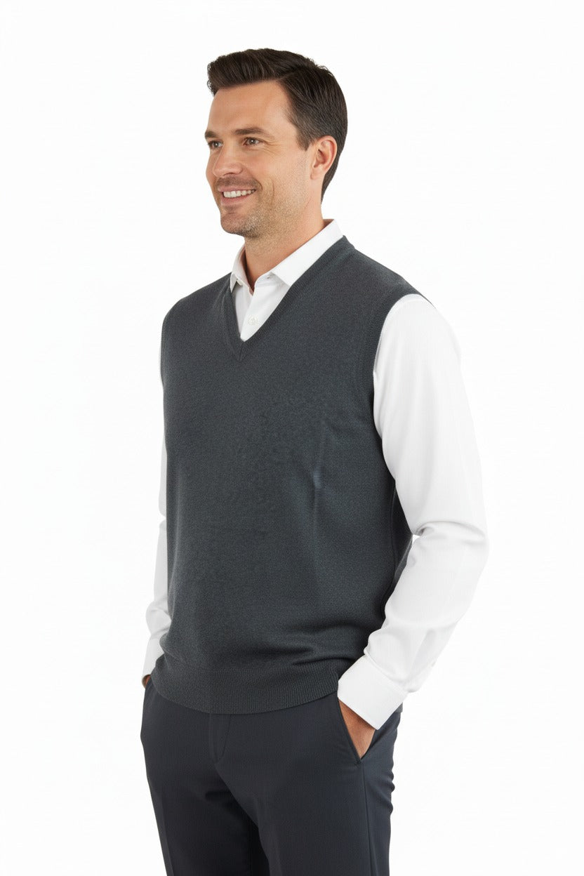 Erkek V Yakalı Düz Renk Klasik Model Rahat Kesim Tam Kalıp Ince Yünlü Dokuma Süveter