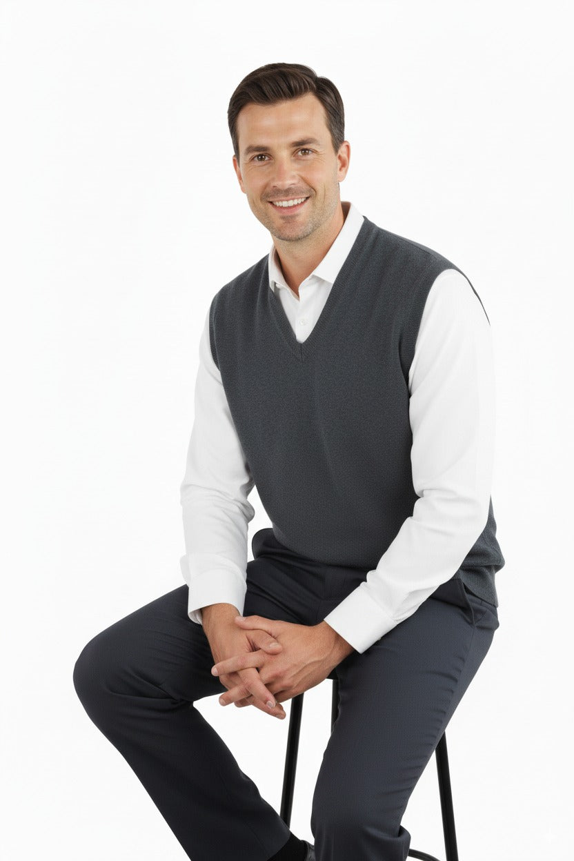 Erkek V Yakalı Düz Renk Klasik Model Rahat Kesim Tam Kalıp Ince Yünlü Dokuma Süveter