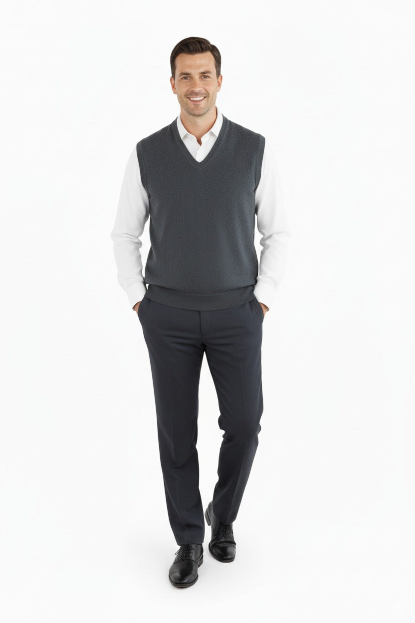 Erkek V Yakalı Düz Renk Klasik Model Rahat Kesim Tam Kalıp Ince Yünlü Dokuma Süveter