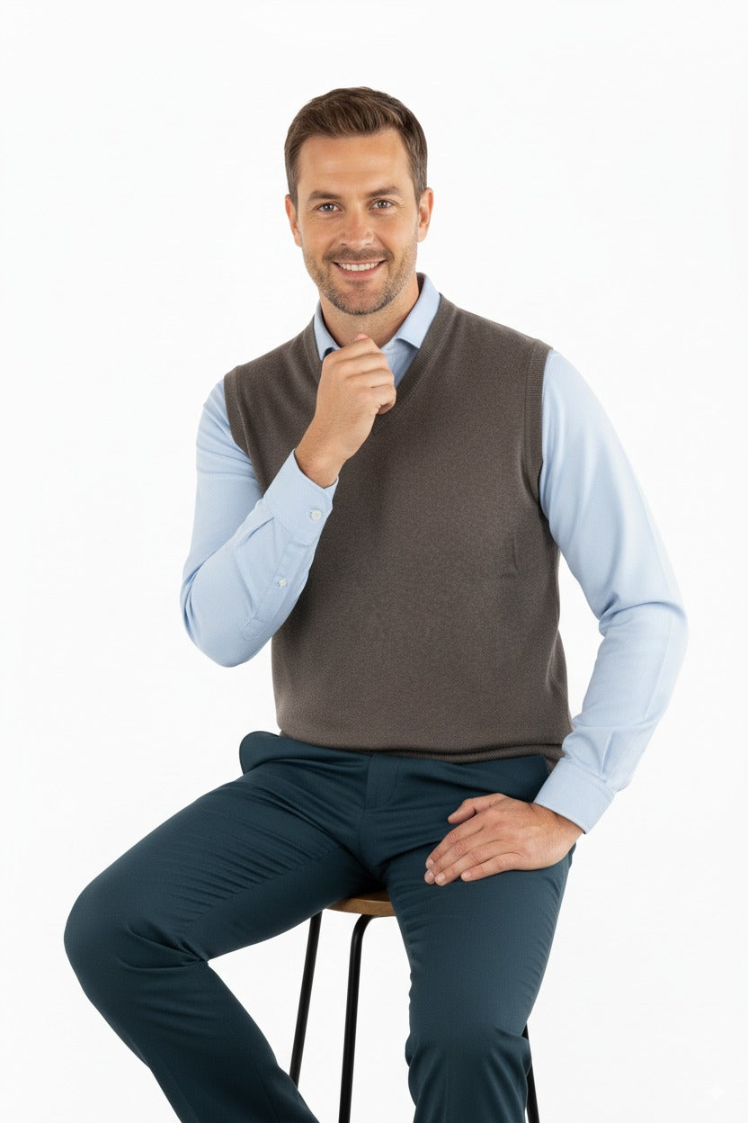 Erkek V Yakalı Düz Renk Klasik Model Rahat Kesim Tam Kalıp Ince Yünlü Dokuma Süveter
