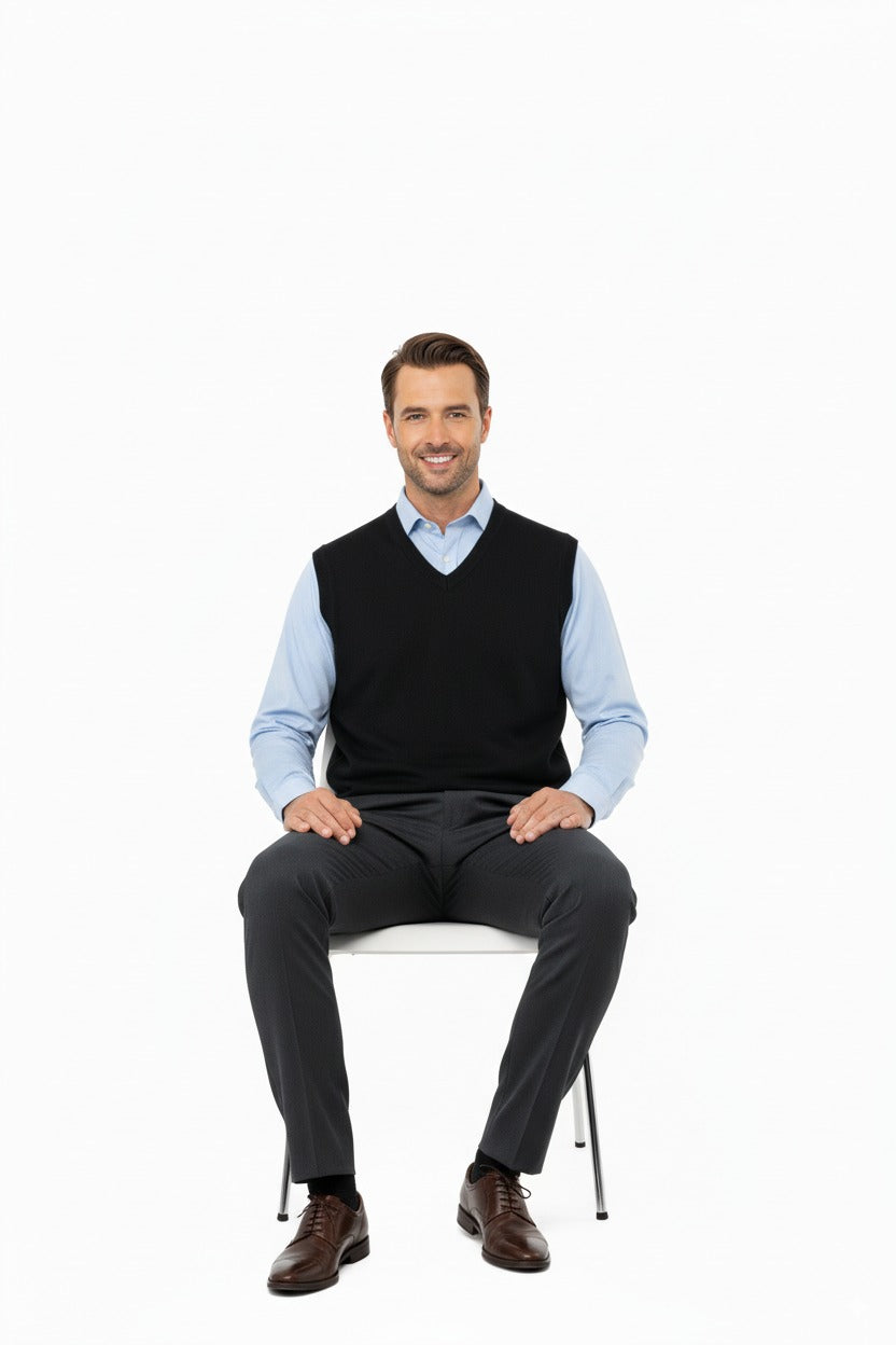 Erkek V Yakalı Düz Renk Klasik Model Rahat Kesim Tam Kalıp Ince Yünlü Dokuma Süveter