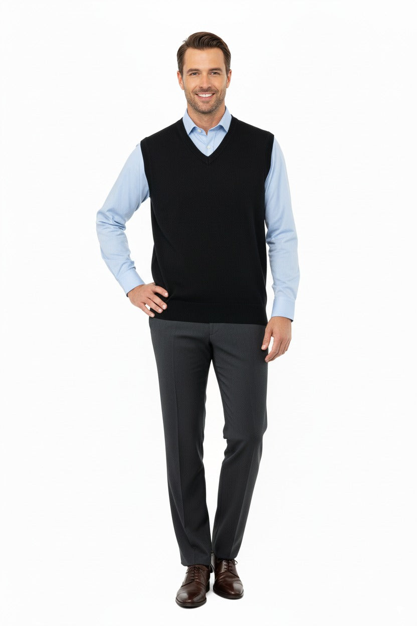 Erkek V Yakalı Düz Renk Klasik Model Rahat Kesim Tam Kalıp Ince Yünlü Dokuma Süveter