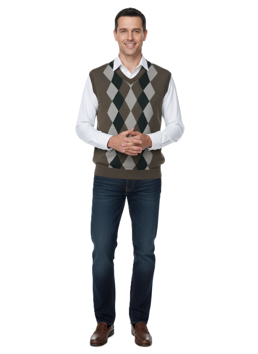 Oppland Erkek Kışlık Süveter Rahat Kesim Triko Dokuma V Yaka Klasik Baklava Desenli