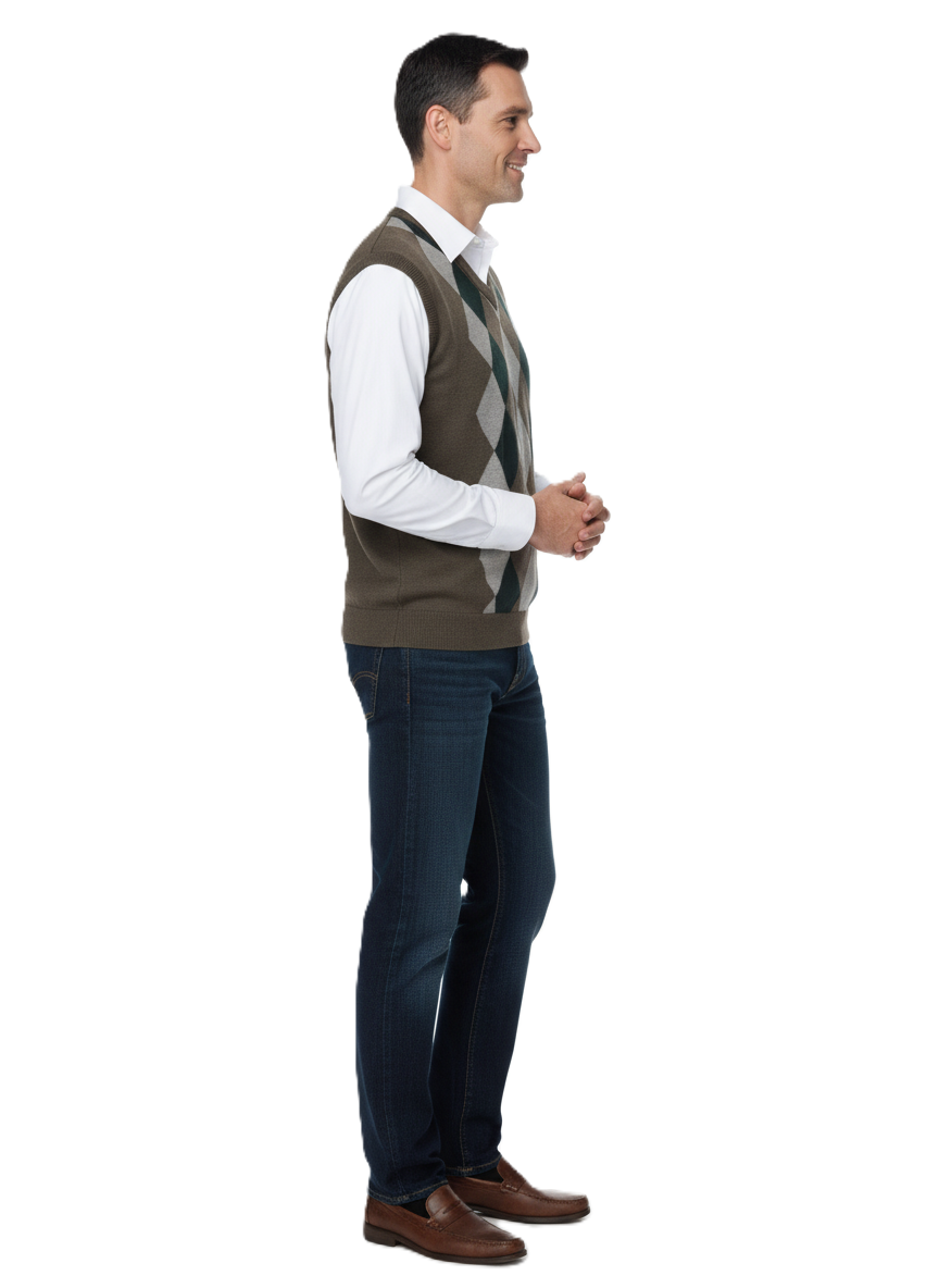 Oppland Erkek Kışlık Süveter Rahat Kesim Triko Dokuma V Yaka Klasik Baklava Desenli