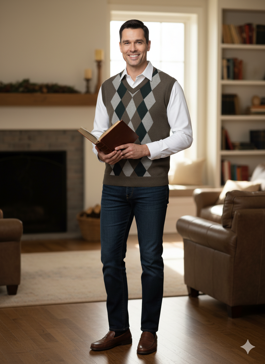 Oppland Erkek Kışlık Süveter Rahat Kesim Triko Dokuma V Yaka Klasik Baklava Desenli