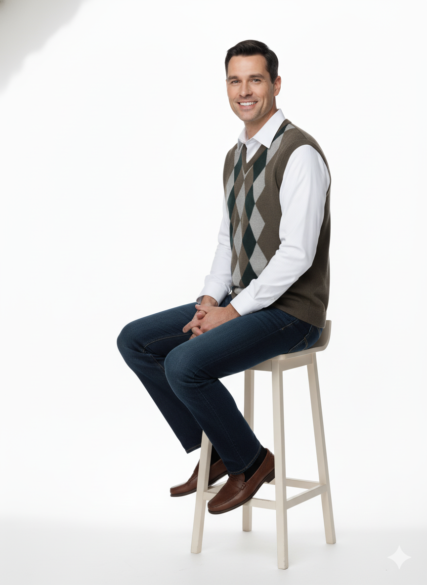 Oppland Erkek Kışlık Süveter Rahat Kesim Triko Dokuma V Yaka Klasik Baklava Desenli