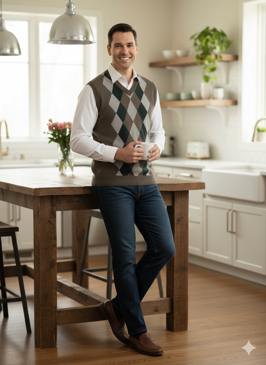 Oppland Erkek Kışlık Süveter Rahat Kesim Triko Dokuma V Yaka Klasik Baklava Desenli