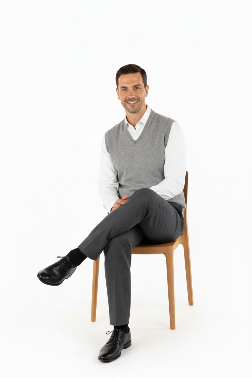 Erkek V Yakalı Düz Renk Klasik Model Rahat Kesim Tam Kalıp Ince Yünlü Dokuma Süveter