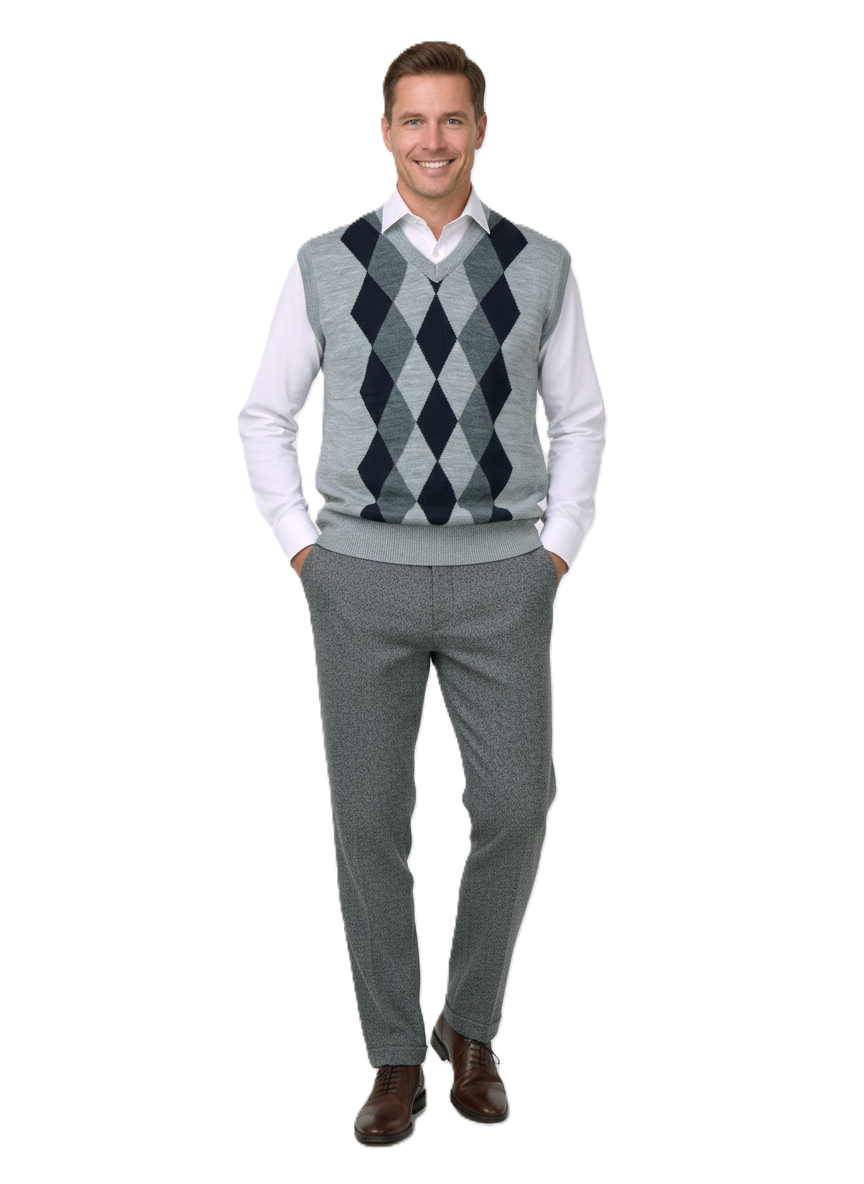 Oppland Erkek Kışlık Süveter Rahat Kesim Triko Dokuma V Yaka Klasik Baklava Desenli