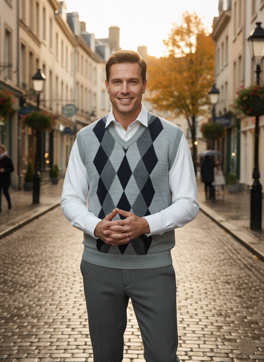 Oppland Erkek Kışlık Süveter Rahat Kesim Triko Dokuma V Yaka Klasik Baklava Desenli