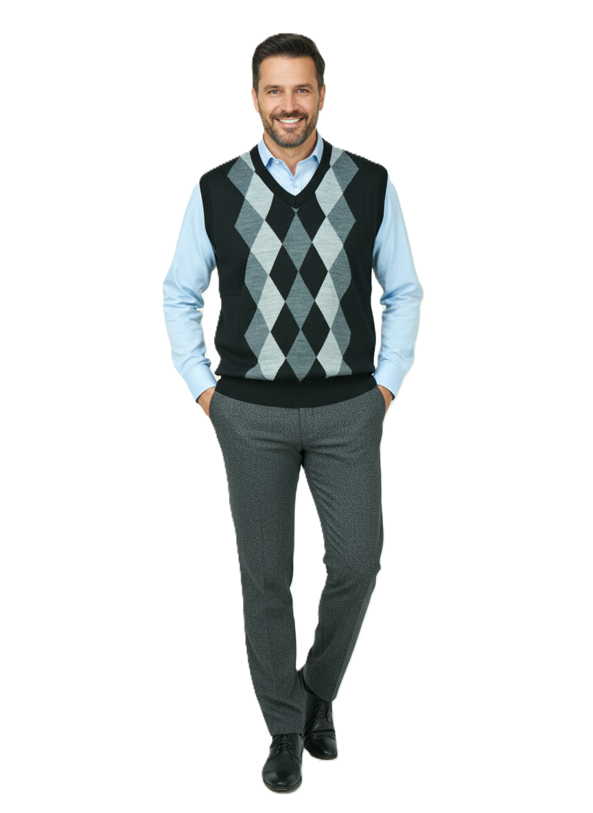 Oppland Erkek Kışlık Süveter Rahat Kesim Triko Dokuma V Yaka Klasik Baklava Desenli