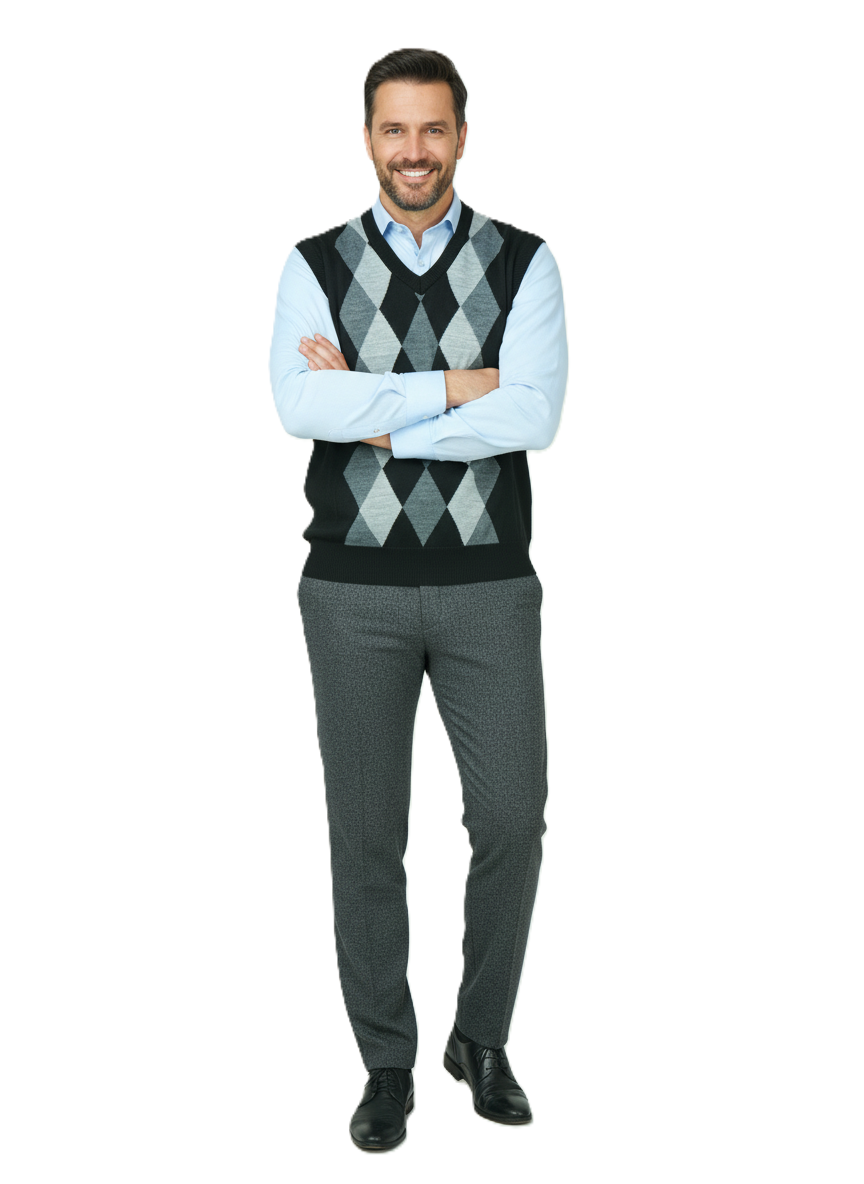 Oppland Erkek Kışlık Süveter Rahat Kesim Triko Dokuma V Yaka Klasik Baklava Desenli