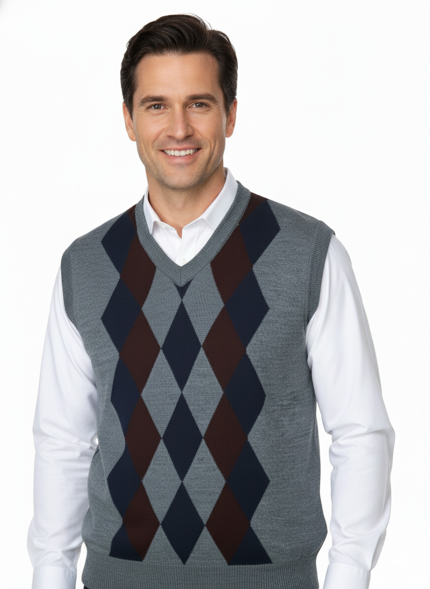 Oppland Erkek Kışlık Süveter Rahat Kesim Triko Dokuma V Yaka Klasik Baklava Desenli