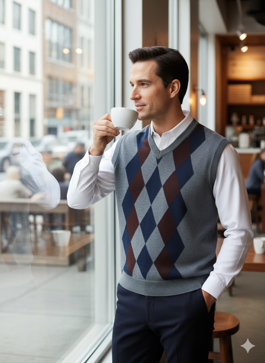 Oppland Erkek Kışlık Süveter Rahat Kesim Triko Dokuma V Yaka Klasik Baklava Desenli