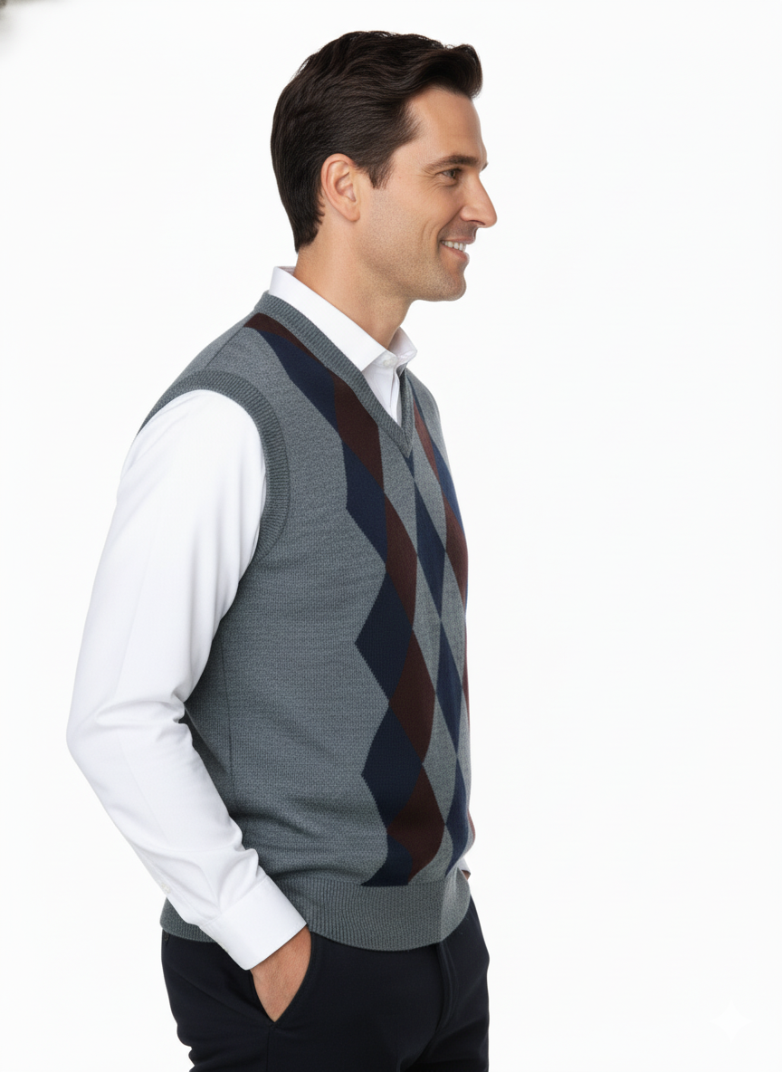 Oppland Erkek Kışlık Süveter Rahat Kesim Triko Dokuma V Yaka Klasik Baklava Desenli