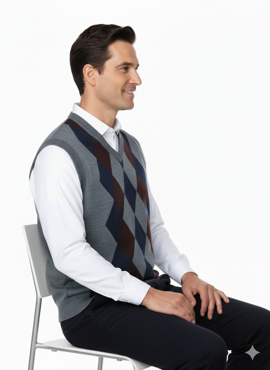 Oppland Erkek Kışlık Süveter Rahat Kesim Triko Dokuma V Yaka Klasik Baklava Desenli