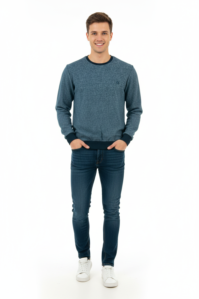 Erkek Kışlık Düğmeli Bisiklet Yaka Armalı Uzun Kollu Kırçıllı Şardonlu Pamuklu Dokuma Kazak