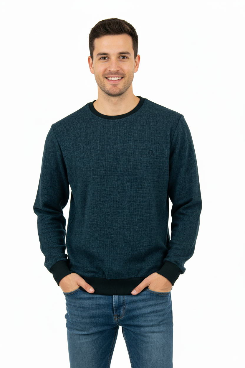 Erkek Kışlık Düğmeli Bisiklet Yaka Armalı Uzun Kollu Kırçıllı Şardonlu Pamuklu Dokuma Kazak