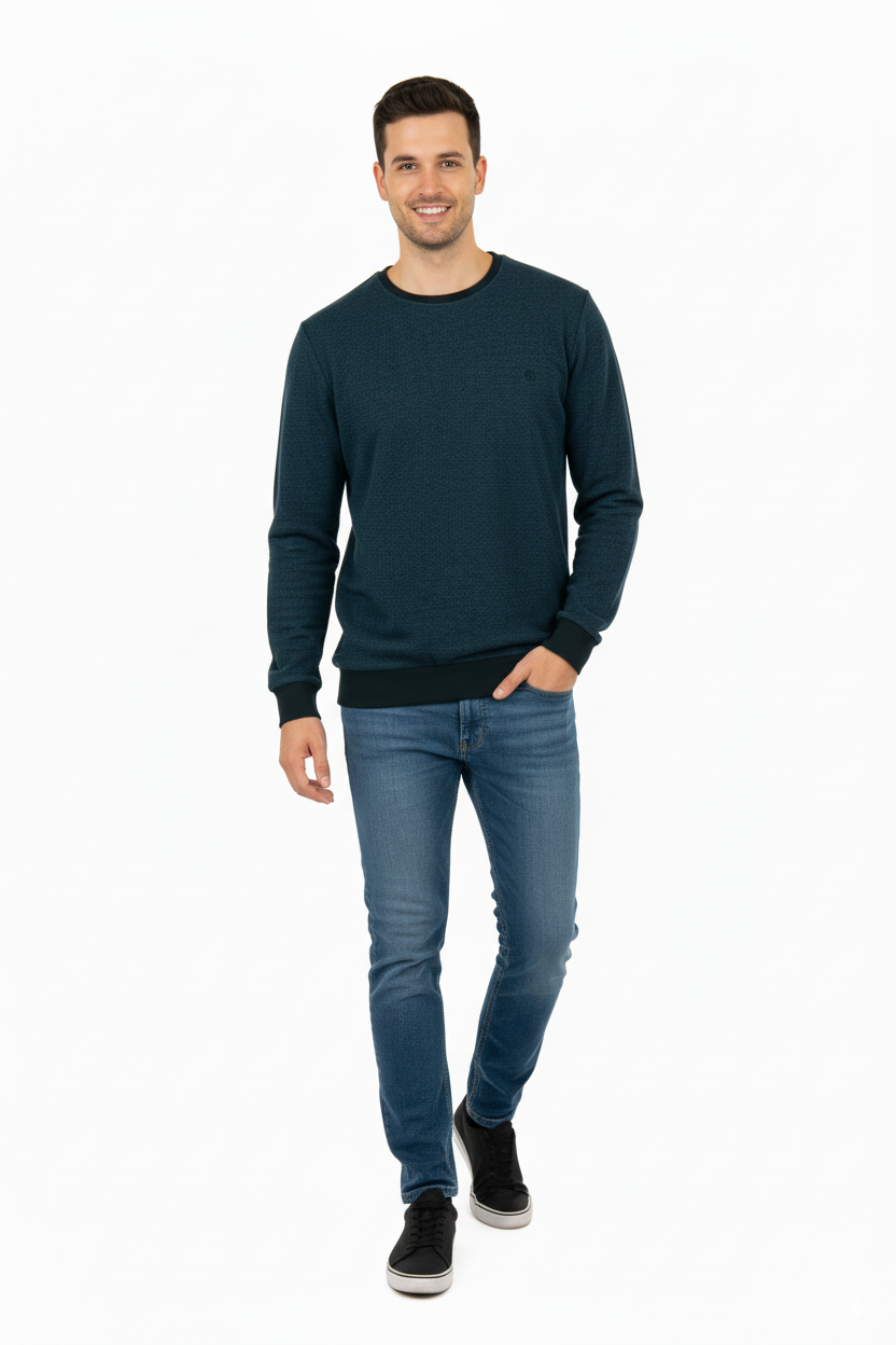 Erkek Kışlık Düğmeli Bisiklet Yaka Armalı Uzun Kollu Kırçıllı Şardonlu Pamuklu Dokuma Kazak