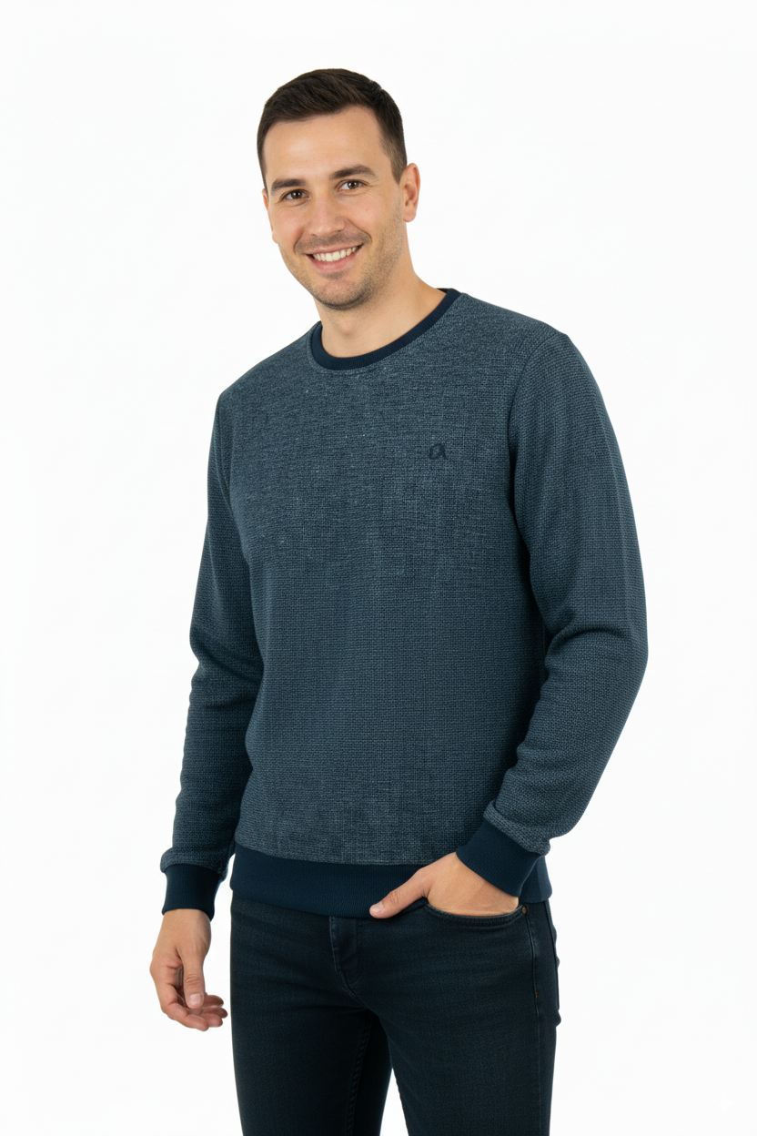 Erkek Kışlık Düğmeli Bisiklet Yaka Armalı Uzun Kollu Kırçıllı Şardonlu Pamuklu Dokuma Kazak