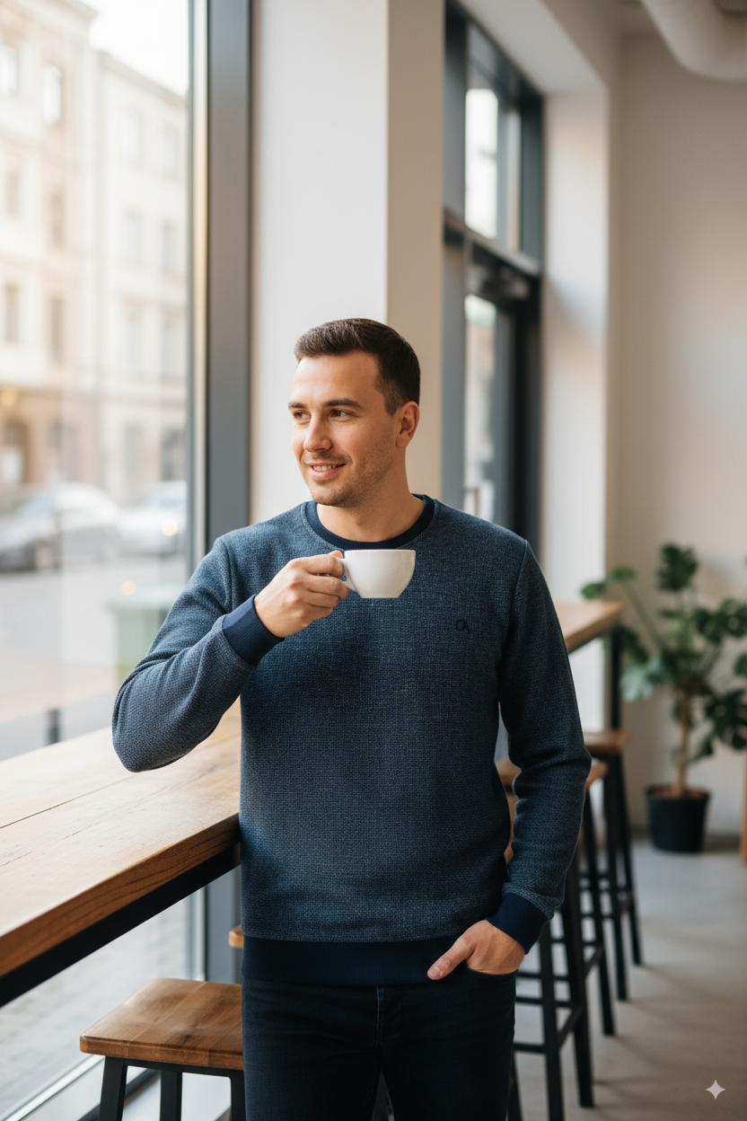 Erkek Kışlık Düğmeli Bisiklet Yaka Armalı Uzun Kollu Kırçıllı Şardonlu Pamuklu Dokuma Kazak