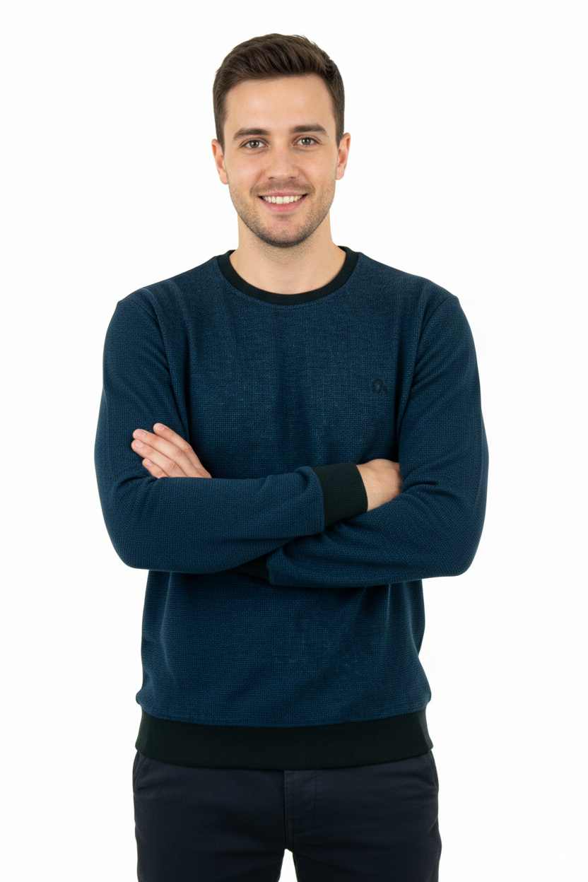 Erkek Kışlık Düğmeli Bisiklet Yaka Armalı Uzun Kollu Kırçıllı Şardonlu Pamuklu Dokuma Kazak