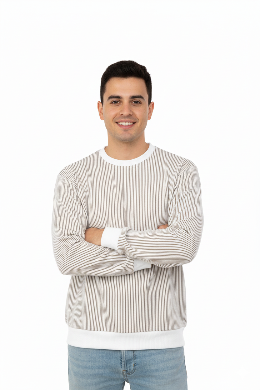 Erkek Mevsimlik Doğal Pamuklu Sweatshirt Bisiklet Yaka Çizgili Rahat Kesim Tam Kalıp