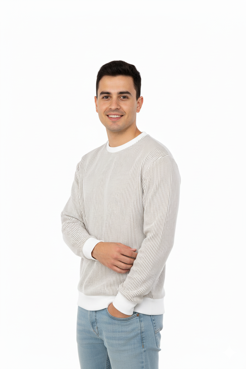 Erkek Mevsimlik Doğal Pamuklu Sweatshirt Bisiklet Yaka Çizgili Rahat Kesim Tam Kalıp