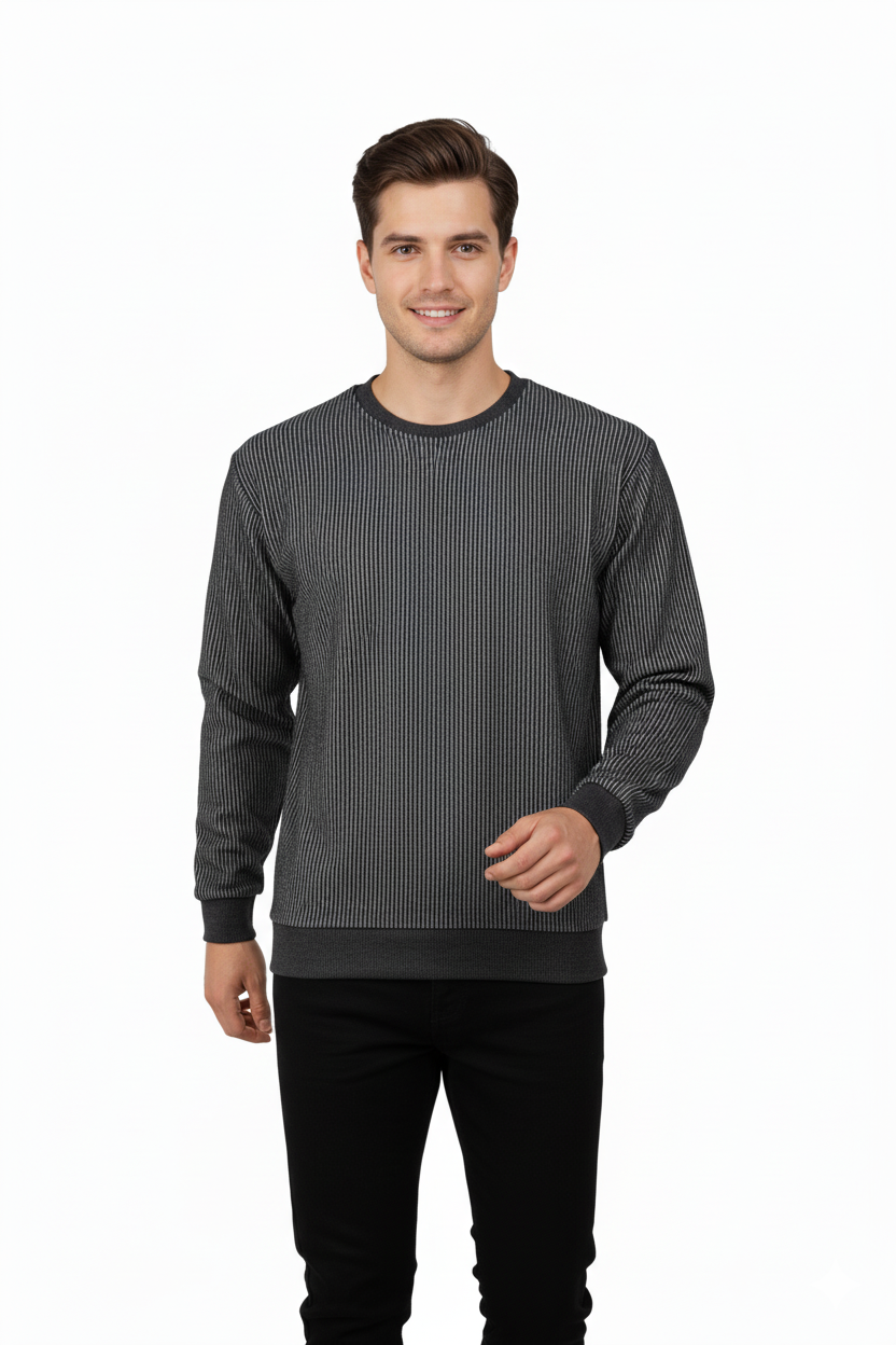 Erkek Mevsimlik Doğal Pamuklu Sweatshirt Bisiklet Yaka Çizgili Rahat Kesim Tam Kalıp