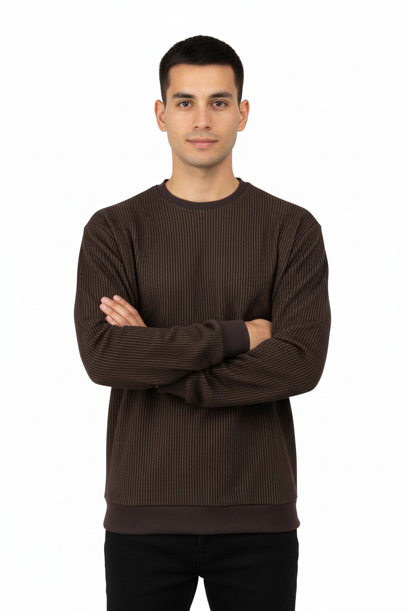 Erkek Mevsimlik Doğal Pamuklu Sweatshirt Bisiklet Yaka Çizgili Rahat Kesim Tam Kalıp