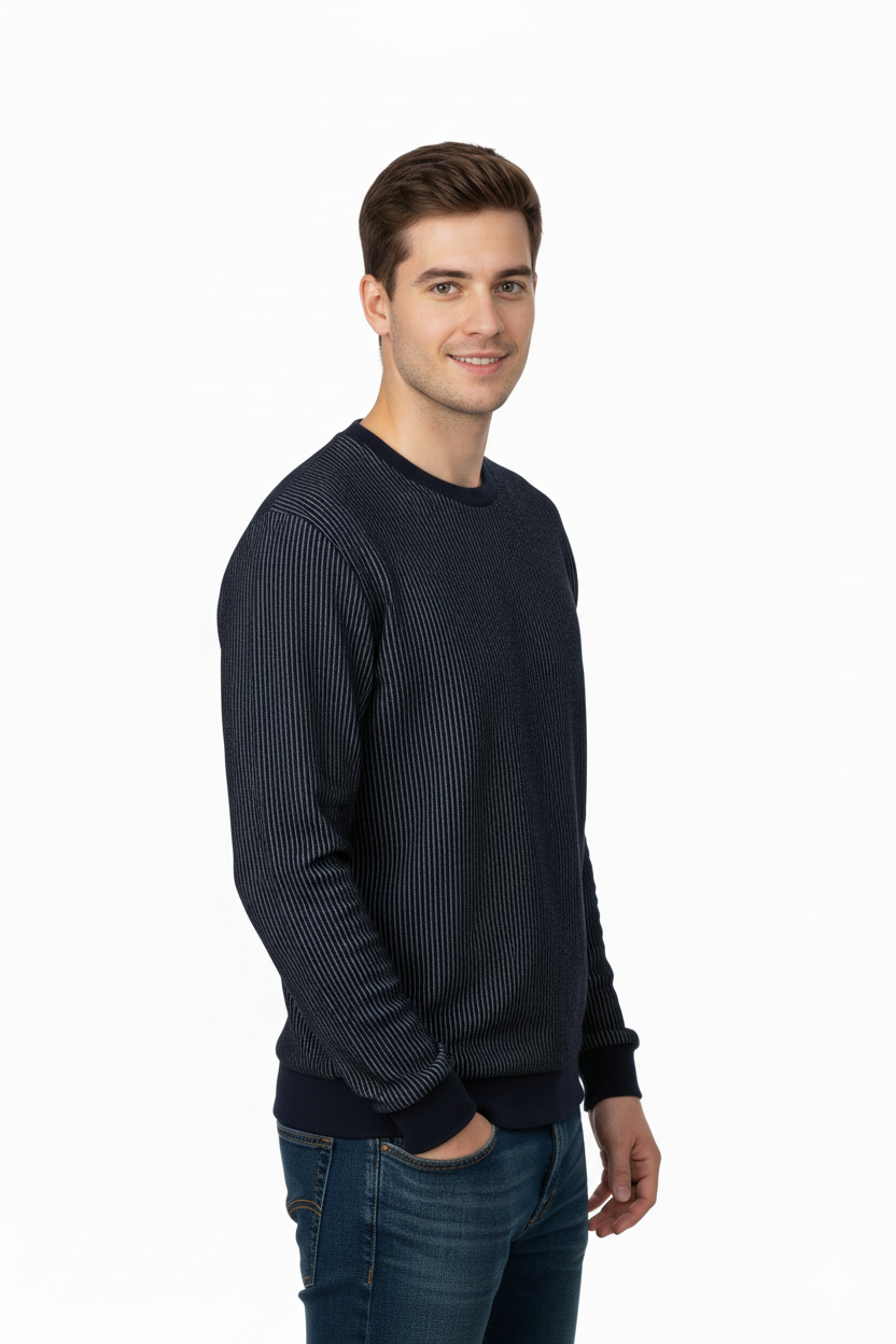 Erkek Mevsimlik Doğal Pamuklu Sweatshirt Bisiklet Yaka Çizgili Rahat Kesim Tam Kalıp