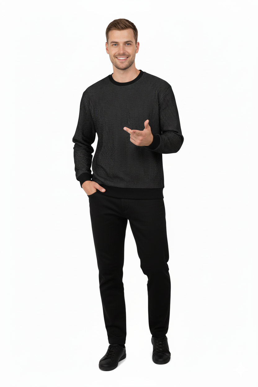 Erkek Mevsimlik Doğal Pamuklu Sweatshirt Bisiklet Yaka Çizgili Rahat Kesim Tam Kalıp