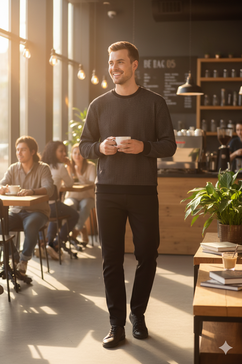 Erkek Mevsimlik Doğal Pamuklu Sweatshirt Bisiklet Yaka Çizgili Rahat Kesim Tam Kalıp