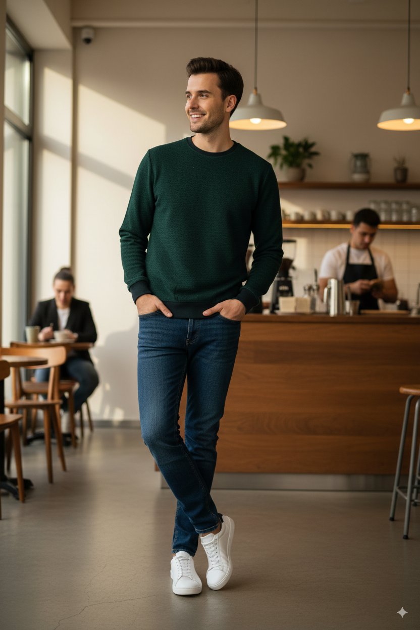 Erkek Kışlık Düğmeli Bisiklet Yaka Armalı Uzun Kollu Kırçıllı Şardonlu Pamuklu Dokuma Kazak