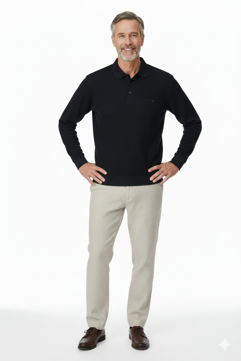 Erkek Kışlık Polo Yaka Kazak Pamuklu Örme Klasik Pıtırcık Selanik Düğmeli Fleto Cepli Rahat