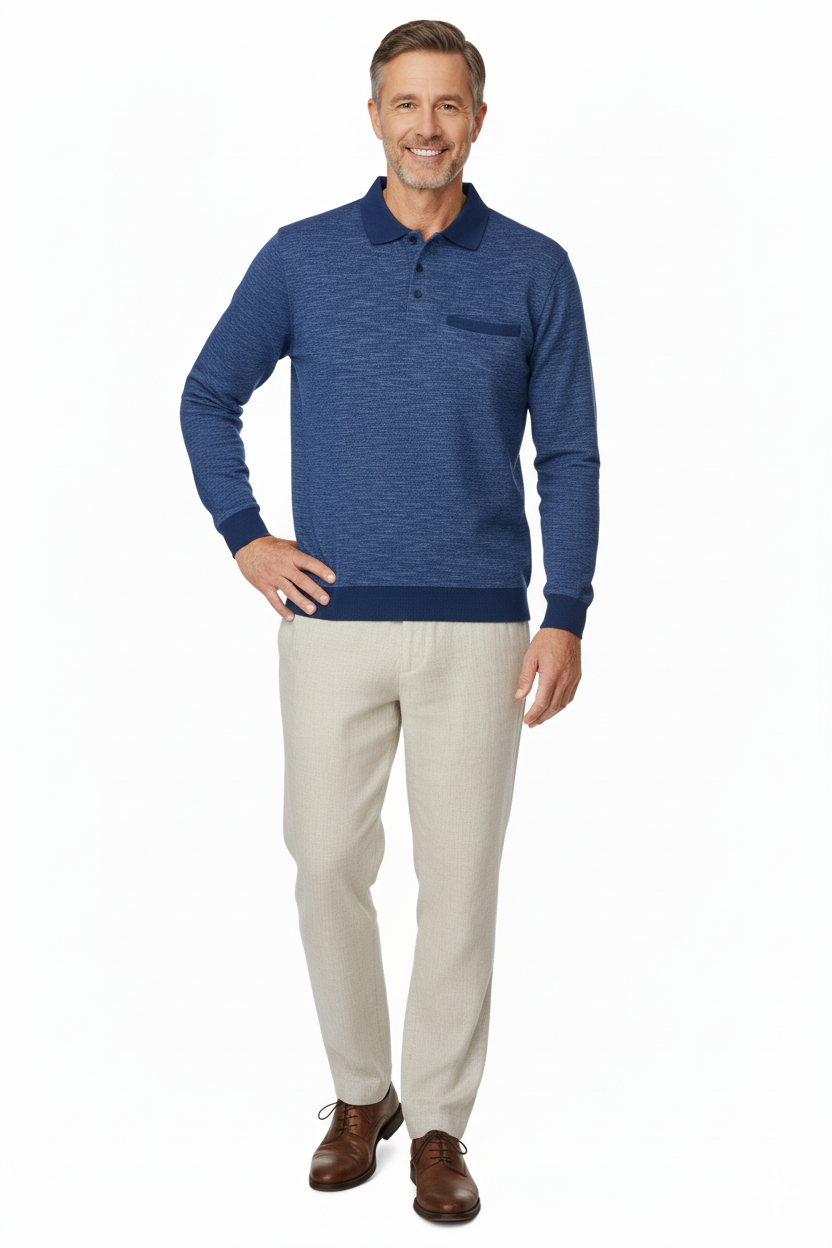 Erkek Kışlık Polo Yaka Kazak Pamuklu Örme Klasik Kırçıllı Selanik Düğmeli Fleto Cepli Rahat