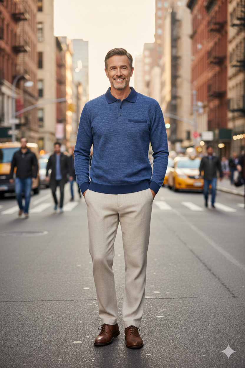 Erkek Kışlık Polo Yaka Kazak Pamuklu Örme Klasik Kırçıllı Selanik Düğmeli Fleto Cepli Rahat