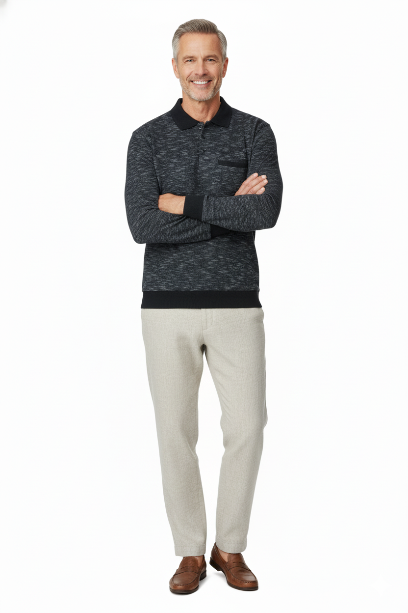 Erkek Kışlık Polo Yaka Kazak Pamuklu Örme Klasik Kırçıllı Selanik Düğmeli Fleto Cepli Rahat