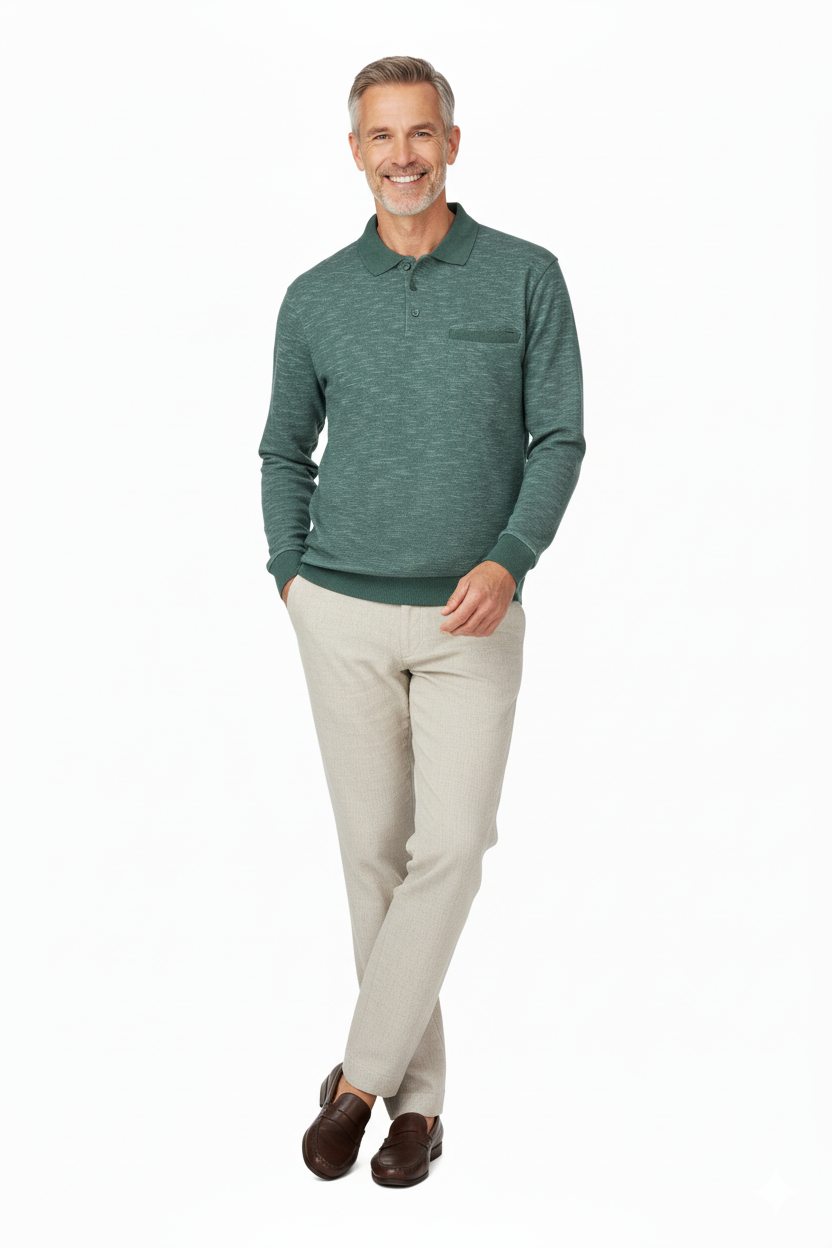 Erkek Kışlık Polo Yaka Kazak Pamuklu Örme Klasik Kırçıllı Selanik Düğmeli Fleto Cepli Rahat