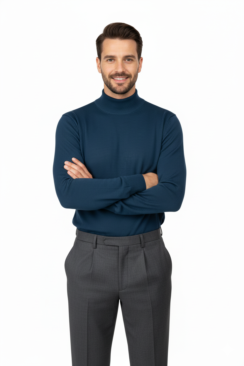 Erkek Kışlık Yarım Balıkçı Yaka Kazak Pamuklu Marina Örme Uzun Kollu Düz Renk Rahat Kesim